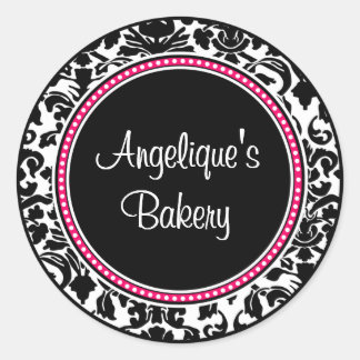 Damask with black centre and pink trim classic round sticker