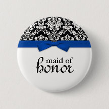 Damask With Blue Bow Maid of Honour Button