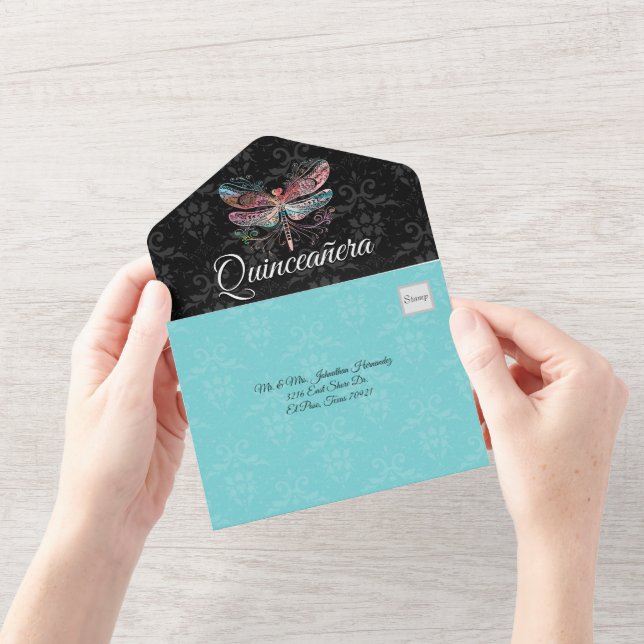 Damask with Dragonfly Quinceañera All In One Invit All In One Invitation (Opening)