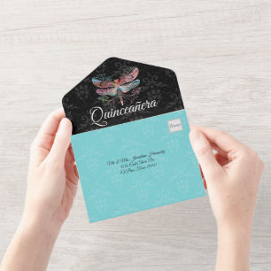 Damask with Dragonfly Quinceañera All In One Invit All In One Invitation