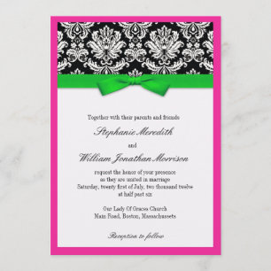 Damask With Green and Pink Wedding Invitation