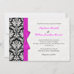 Damask With Hot Pink Bow Wedding Invitation