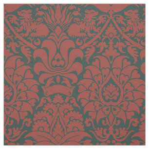 Damask with Lions, Dark Red on Black Fabric