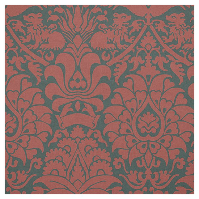 Damask with Lions, Dark Red on Black Fabric (Swatch)