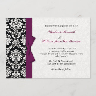 Damask With Plum Bow Wedding Invitation