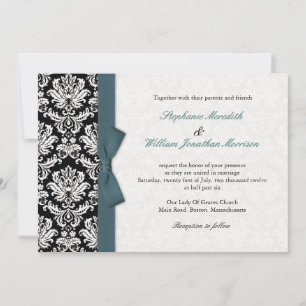 Damask With Teal Bow Wedding Invitation