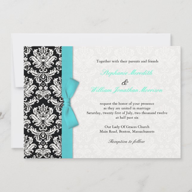 Damask With Turquoise Bow Wedding Invitation (Front)
