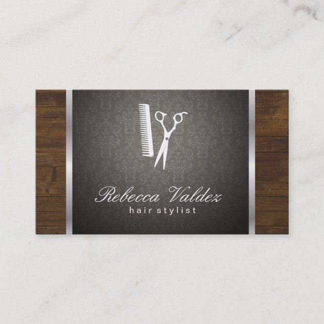 Damask / Wood / Silver Trim Business Card (Front)