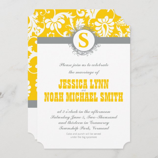Damask Yellow Gray Monogram Wedding Invite (Front/Back)