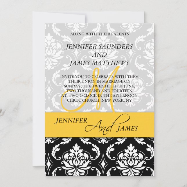 Damask Yellow Monogram Names Wedding Invitation (Front)
