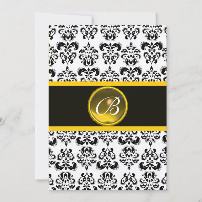 DAMASK YELLOW TOPAZ MONOGRAM,black and white Invitation (Front)