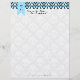 Damasks And Chevron Blue And White Personalized Letterhead