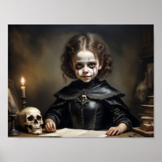 Damned witch child of skulls in Victorian dress Poster