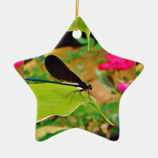 Damselfly and Rose Ceramic Tree Decoration (Front)