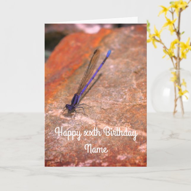 Damselfly Dragonfly Personalised Birthday Card (Yellow Flower)