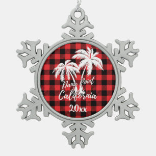 Dana Point California Beach Palm Tree Red Plaid Snowflake Pewter Christmas Ornament