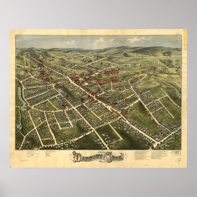 Danbury Connecticut 1885 Antique Panoramic Map Poster (Front)