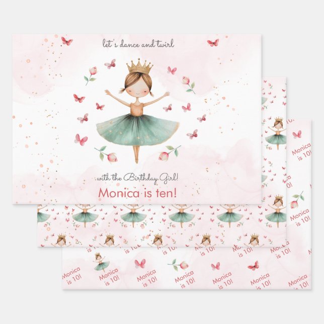 Dance and twirl cute ballerina ballet kid birthday wrapping paper sheet (Set)