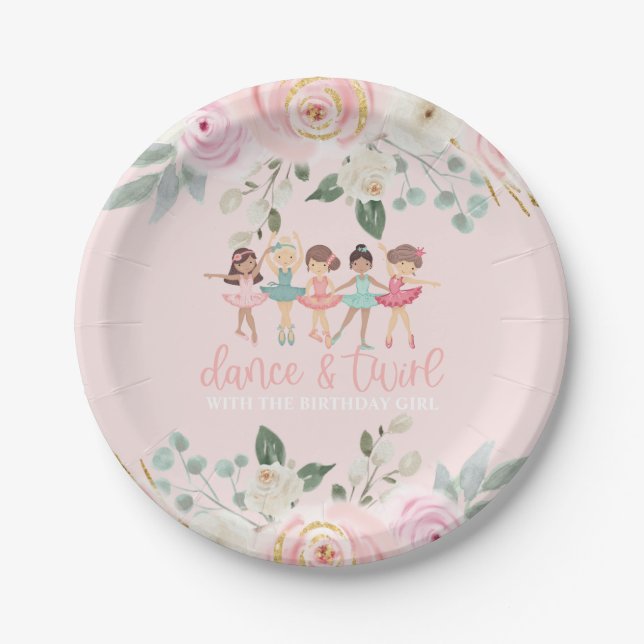 Dance and Twirl Floral Ballet Birthday Paper Plate (Front)