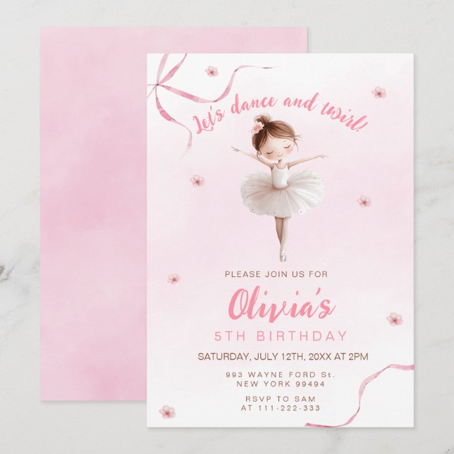 Dance and Twirl Little Ballerina Girl Birthday Invitation (Front/Back)