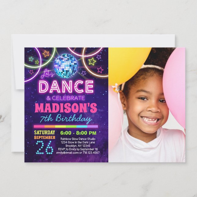 Dance Birthday Girls Neon Disco Dance Party Photo Invitation (Front)