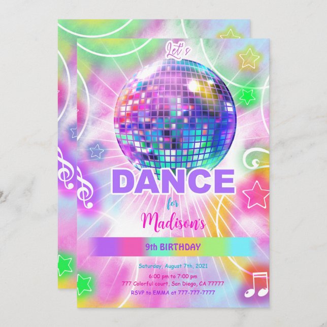 Dance Birthday Party Neon Glow  Invitation (Front/Back)