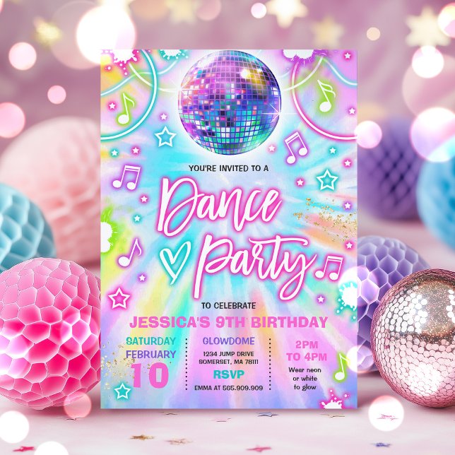 Dance Birthday Party Tie Dye Glow Dance Disco Invitation (Creator Uploaded)