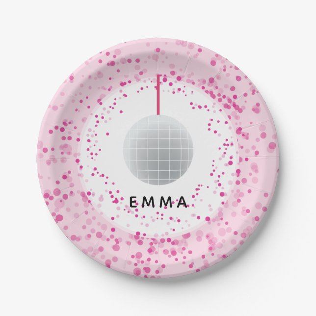 Dance Disco Ball Party Custom Pink Black Party Paper Plate (Front)