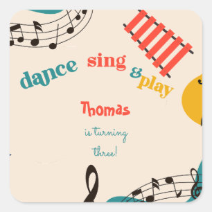 dance music and play kids birthday square sticker