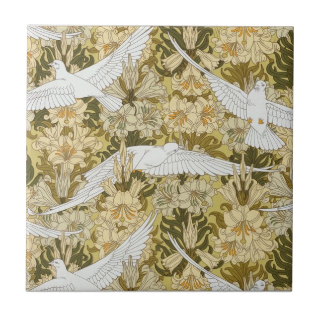 Dance of Doves White Cream Leaves Tile (Front)