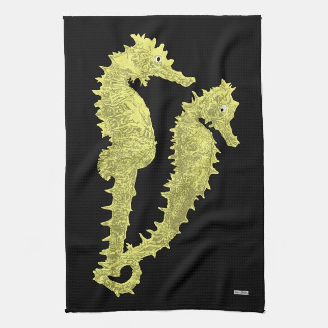 Dance Of The Seahorses (Yellow) Tea Towel (Vertical)