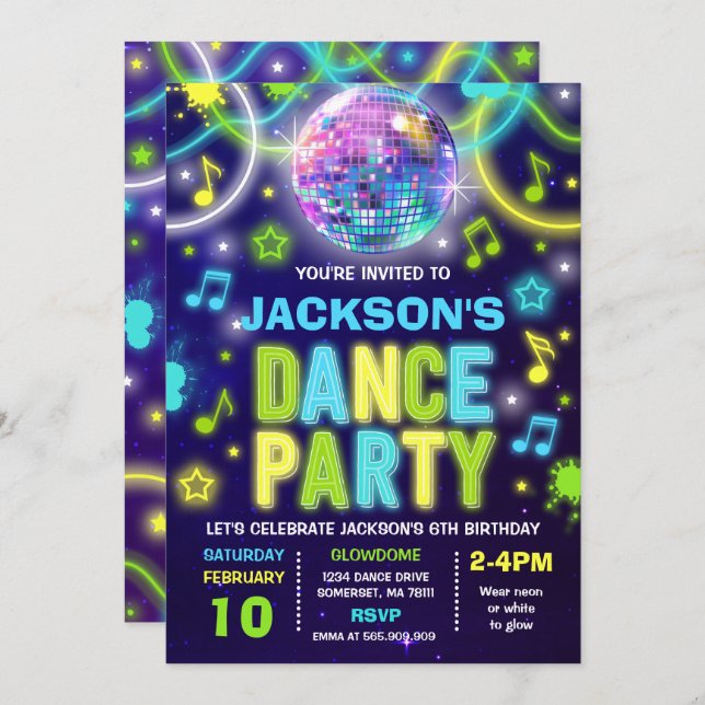 Dance Party Invitation Neon Glow Dance Party (Front/Back)