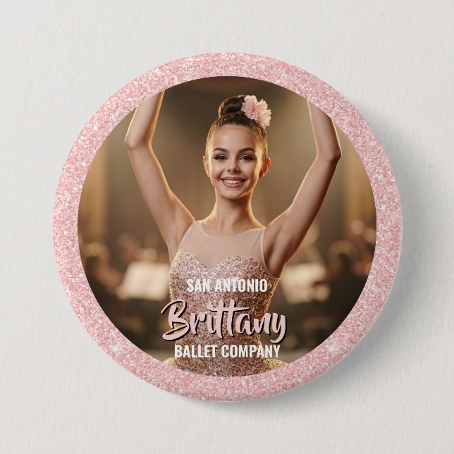 Dance Photo Button Pin Rose Gold Glitter Border (Front)
