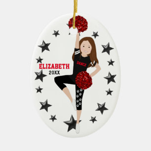 Dance Pom Girl Brunette Black and Red Ceramic Tree Decoration