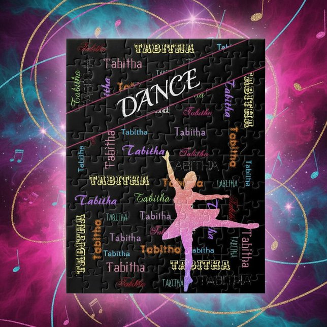 Dance Puzzle with Personalised Name All Over (Personalized Name Dance Puzzle in Rainbow Colors with Ombre Ballerina)
