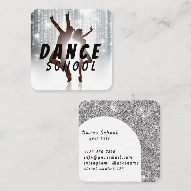 Dance School Silver Square Business Card (Front/Back)
