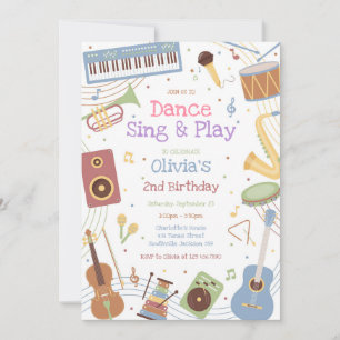Dance Sing Play Musical Instrument Birthday Party  Invitation