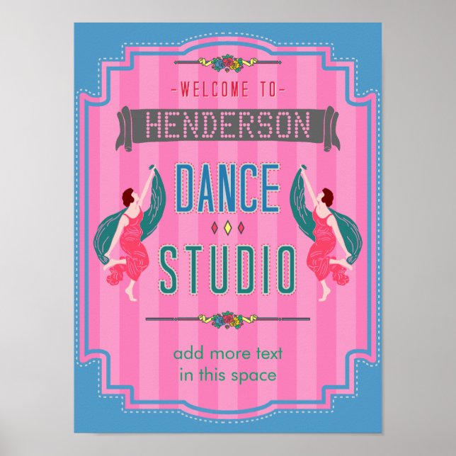 Dance Studio Personalised Name Pink Stripes Retro Poster (Front)