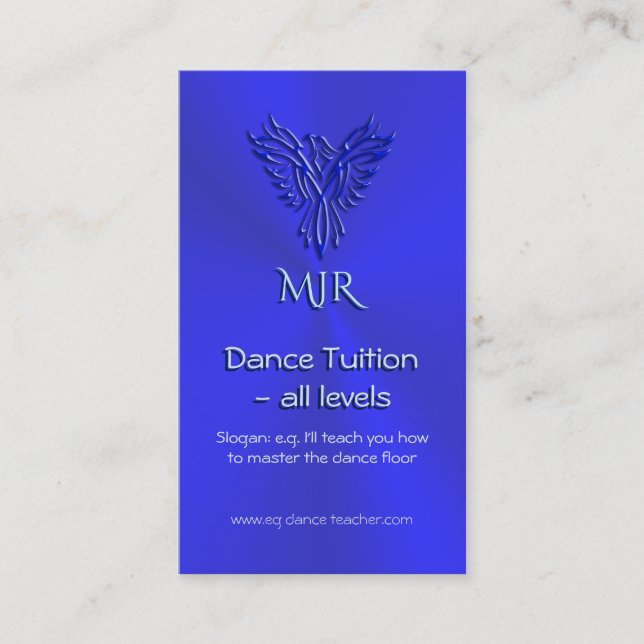 Dance Teacher, Monogram, Blue Phoenix Business Card (Front)