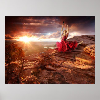 Dancer on a Rock in the Desert Sunset Poster