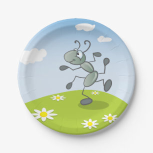 Dancing Ant on Grass with Flowers Paper Plate