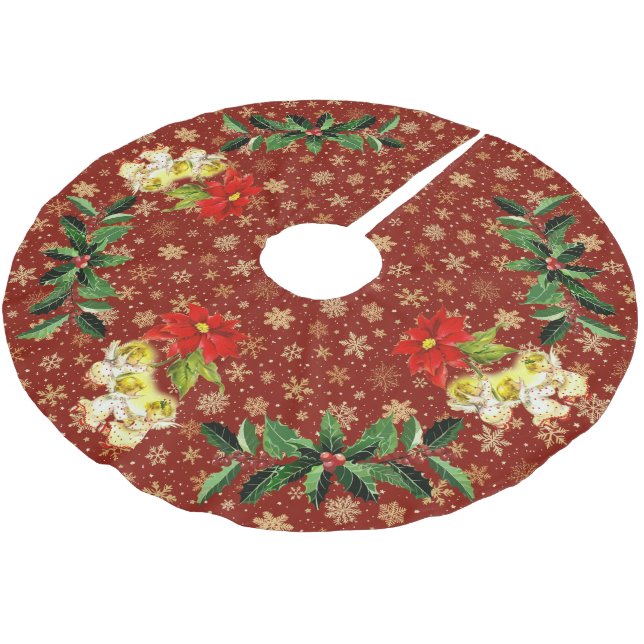 Dancing Baby Angels on Red with Gold Snowflakes Brushed Polyester Tree Skirt (Angled)
