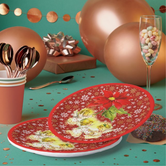 Dancing Baby Angels with Gold Snowflakes on Red Paper Plate (Multi)