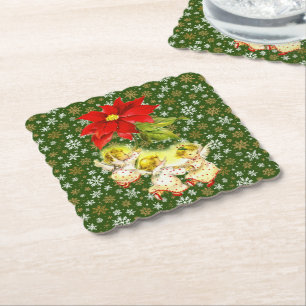 Dancing Baby Angels with Snowflakes on Green Paper Coaster