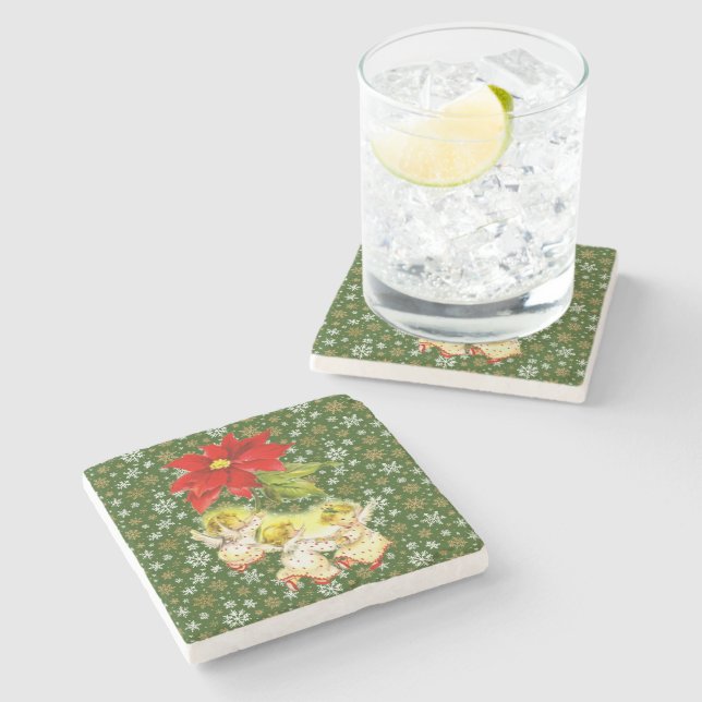 Dancing Baby Angels with Snowflakes on Green Stone Coaster (Side)