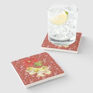 Dancing Baby Angels with Snowflakes on Red Stone Coaster