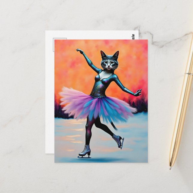 Dancing Balerina Kitty on Ice Postcard (Front/Back In Situ)