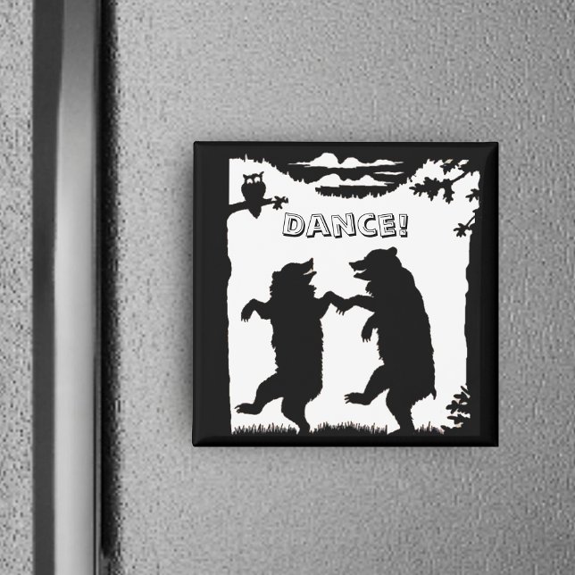 Dancing Bears Black Silhouette Magnet (Two black bears in silhouette dancing under trees with owl on black white square Dance magnet.)
