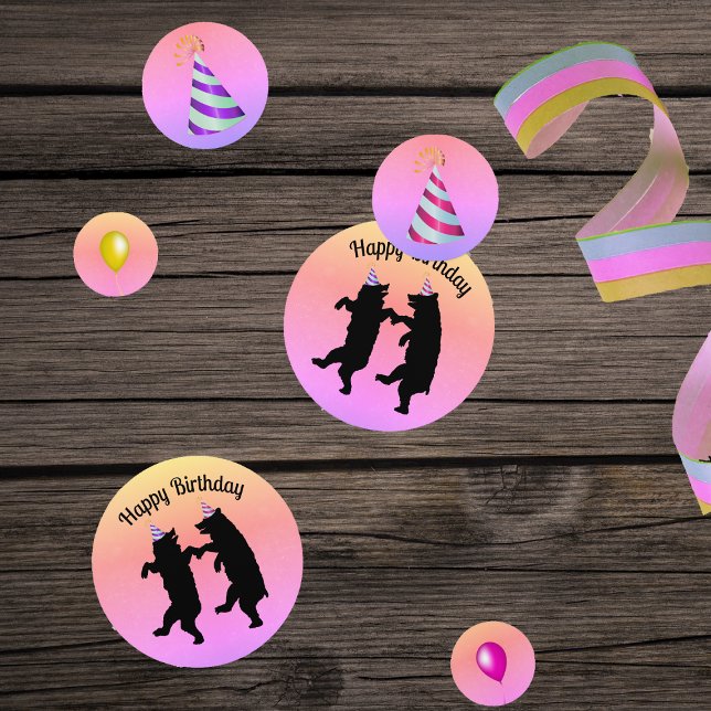 Dancing Birthday Black Bears Party Hats Balloons Confetti (Dancing black bears pink purple party hats balloons on multi pastel coloured table Birthday confetti)