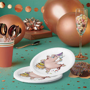 Dancing Birthday Party Pig with Cake and Cocktail Paper Plate